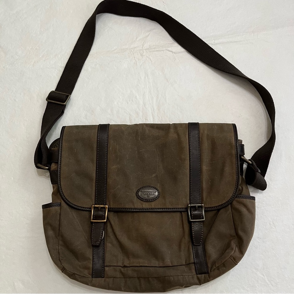Fossil Olive Canvas Messenger with Dark Brown Leather Trim